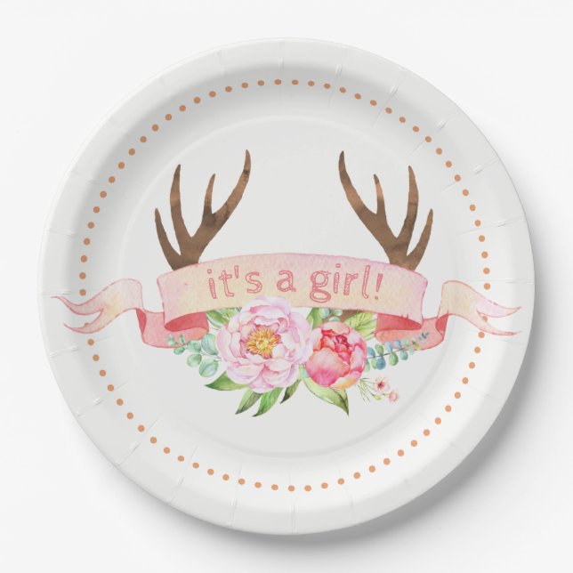 Girls Antler Baby Shower Paper Plates (Front)