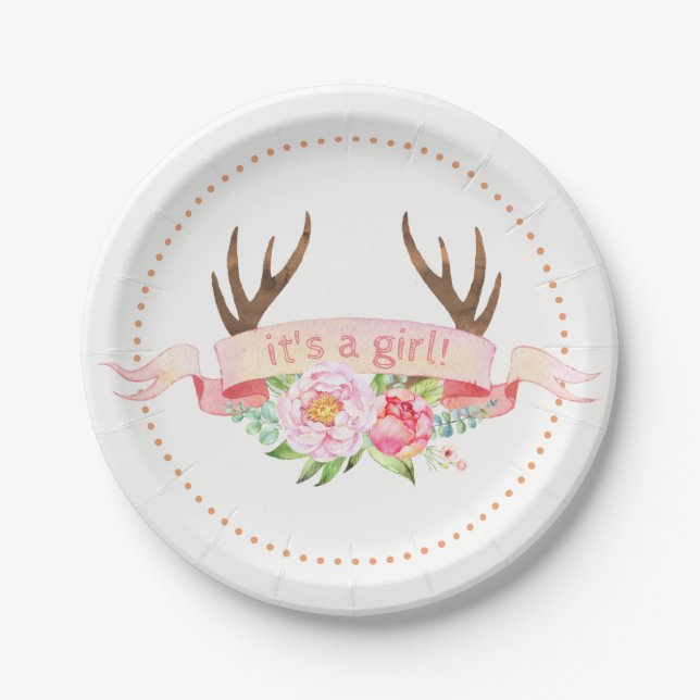 Girls Antler Baby Shower Paper Plates (Front)