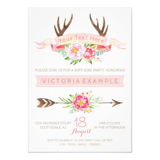 Girls Antler Birthday Party Invitations