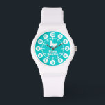 Girls aqua teal & white full name wrist watch<br><div class="desc">Graphic art watch featuring a simple white butterfly. Great for girls watch features both minutes and hours. Customise with your full name example reads Fiona Smythe. Great for school and sports as features your girls full name.</div>