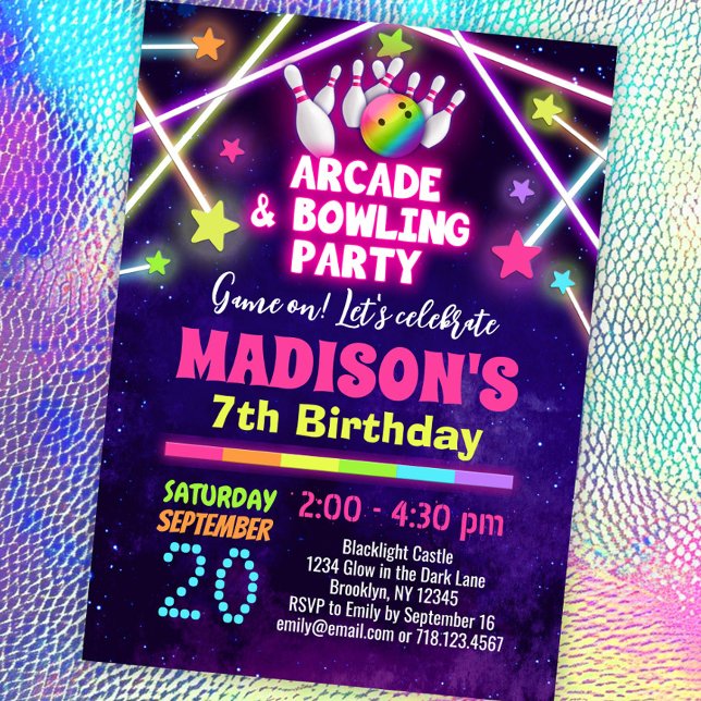 Girls Arcade and Bowling Party Birthday Invitation (Creator Uploaded)
