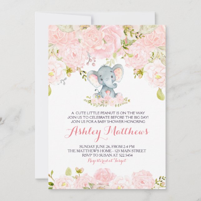Girls Baby Elephant Baby Shower Invitations (Front)