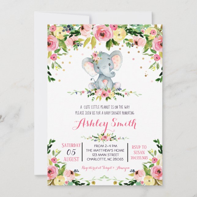 Girls Baby Elephant Baby Shower Invitations (Front)