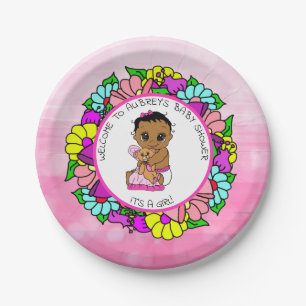 Girl's Baby Shower, Ethnic Baby with Teddy Bear Paper Plate
