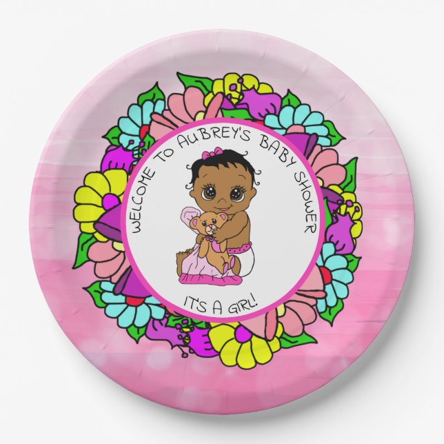 Girl's Baby Shower, Ethnic Baby with Teddy Bear Paper Plate (Front)
