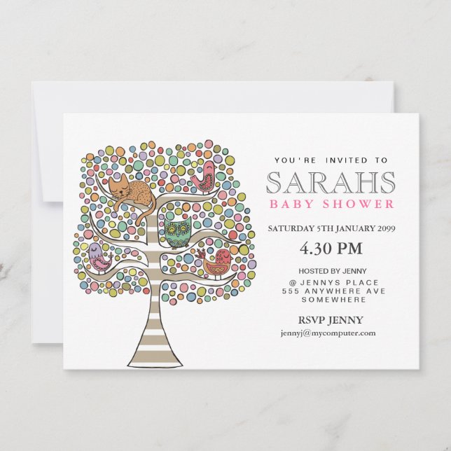 Girls Baby Shower Owl Cat & Birds Invite (Front)