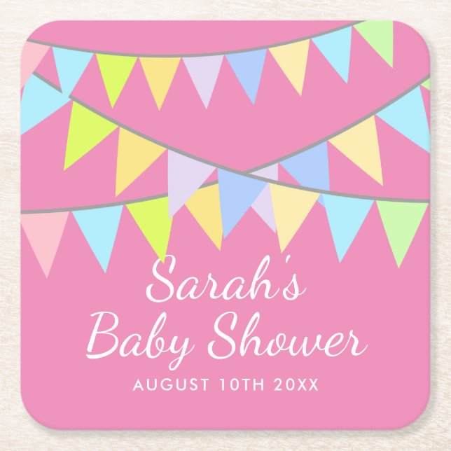 Girl's baby shower party with custom name square paper coaster (Front)