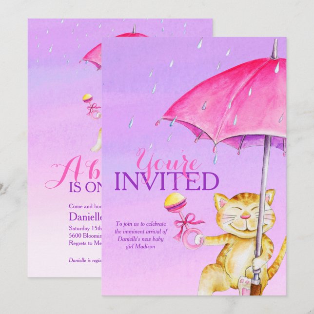 Girls baby shower umbrella whimsy cat invitations (Front/Back)