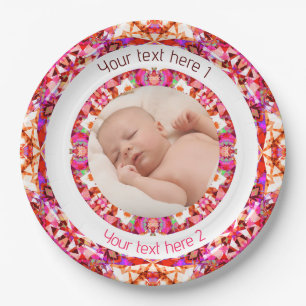 Girls Baby Shower Vibrant Pink Custom Photo Text Paper Plate
