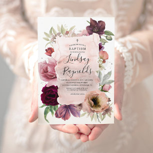 Girls Baptism Dusty Pink and Burgundy Red Floral Invitation