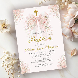 Girls baptism elegant pink bow floral church invitation