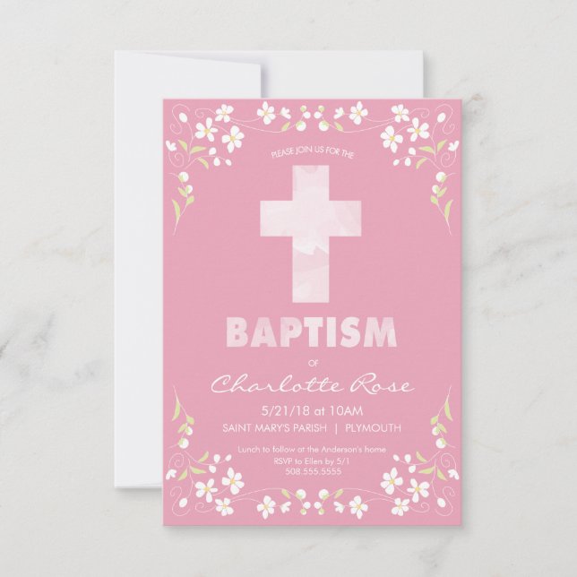 Girl's Baptism Invitation - Pink, Watercolor Cross (Front)
