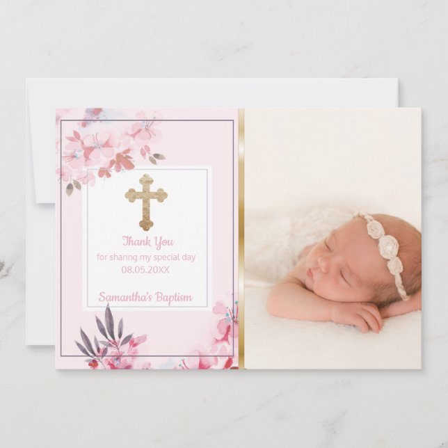 Girls Baptism Thank You | Custom Photo Pink Floral (Front)