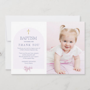 Girls Baptism Thank You with Photo, Pink Bow Theme Invitation