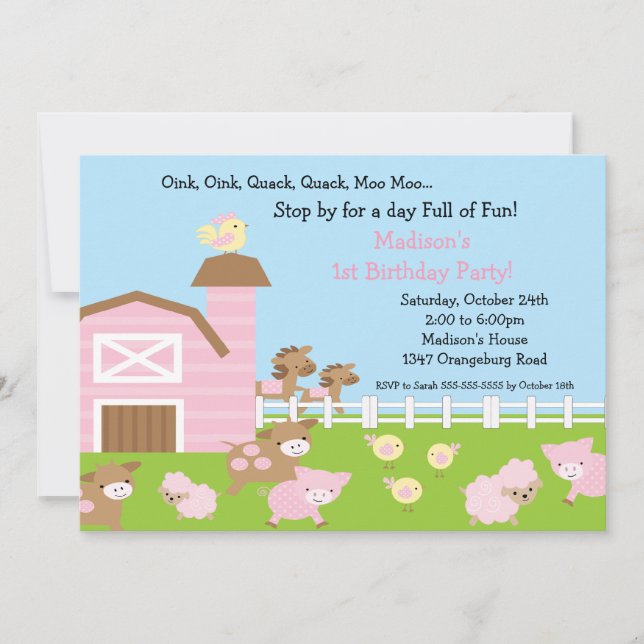 Girls Barn Animal Fun Birthday Party Invitation (Front)