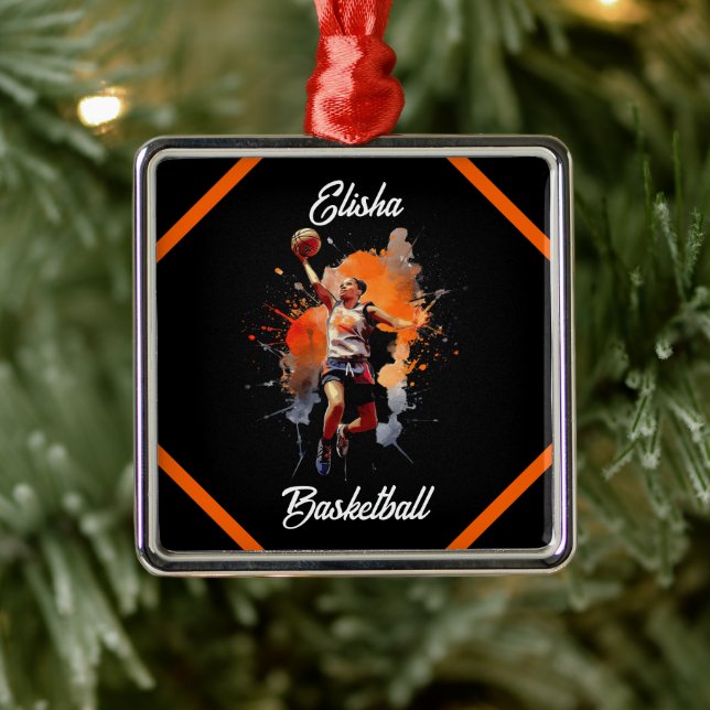 Girls Basketball Watercolor Personalized Metal Ornament (Tree)