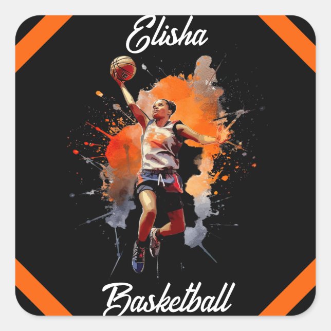 Girls Basketball Watercolor Personalized Square Sticker (Front)