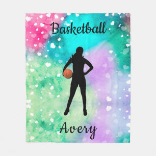 Girls Basketball Watercolor with Floating Hearts   Fleece Blanket