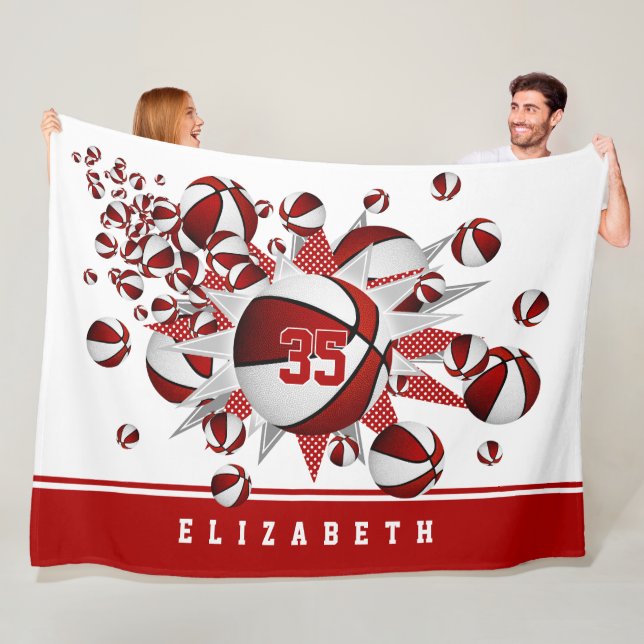 girls basketballs stars red white personalized fleece blanket (In Situ)