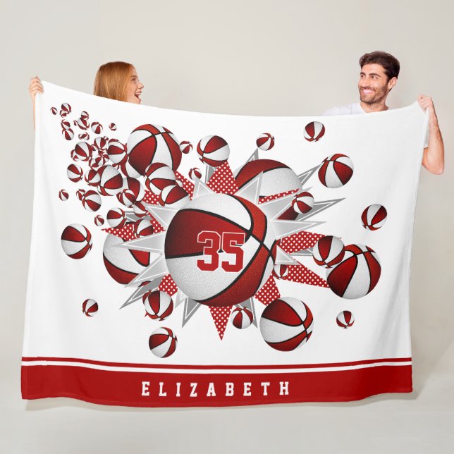 girls basketballs stars red white personalized fleece blanket (In Situ)