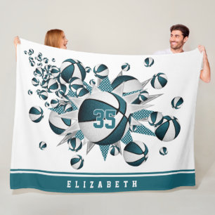 girls basketballs stars teal white personalized fleece blanket