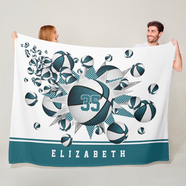 girls basketballs stars teal white personalized fleece blanket (In Situ)