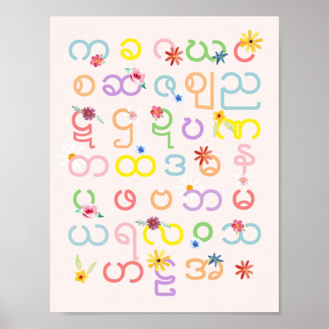Girls Beautiful Burmese Alphabet Floral Myanmar Poster (Front)