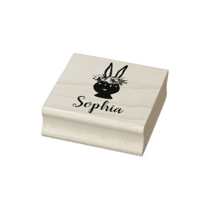 Girls Beautiful Flowers Rabbit and Name Bookplate Rubber Stamp