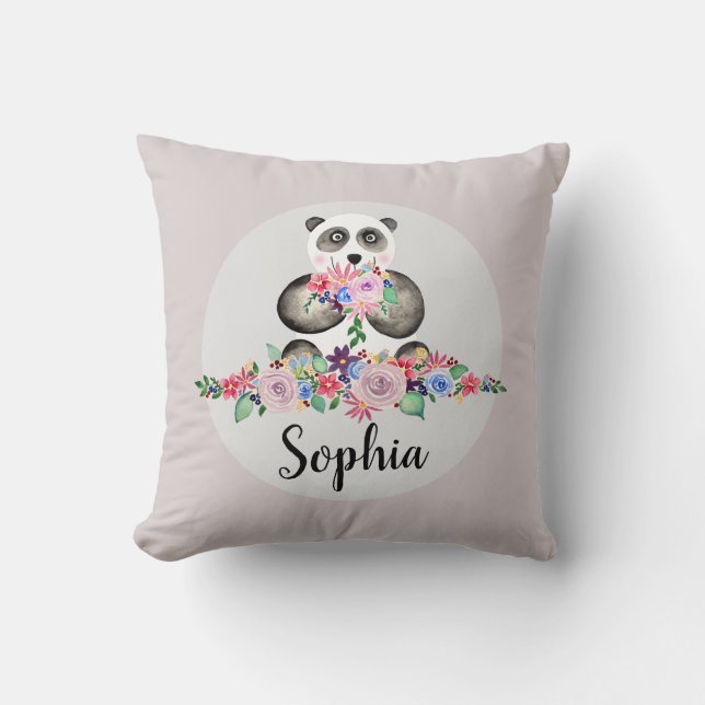 Girls Beautiful Flowers Watercolor Panda and Name Throw Pillow (Front)