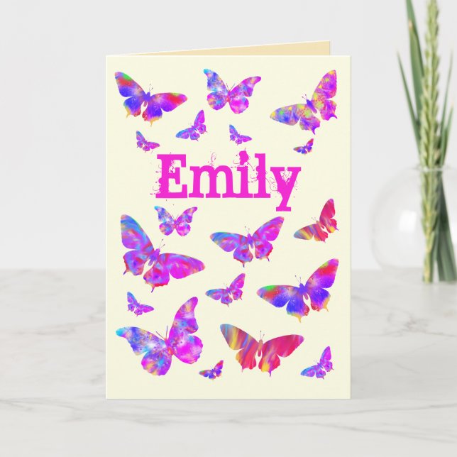 Girls Birthday Butterfly Purple Pop Art Add Name Holiday Card (Front)