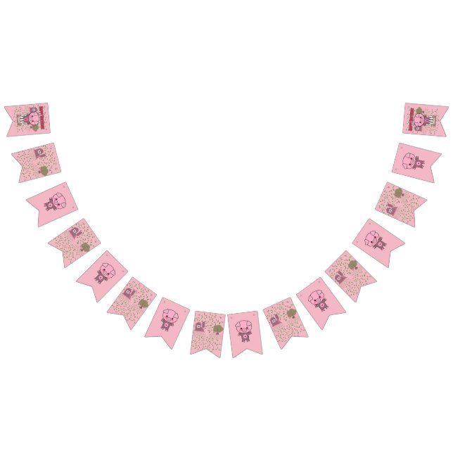 Girls Birthday Cute Colourful Pig Personalize Name Bunting Flags (All)