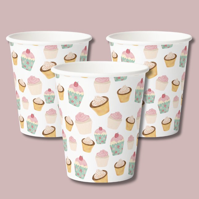 Girls birthday Cute cupcake pattern Paper Cups (Cupcake pattern paper cups - perfect for baby showers, afternoon tea parties girls birthday parties.)