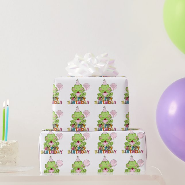 Girls Birthday frog with balloons wrapping paper (Party Gifts)