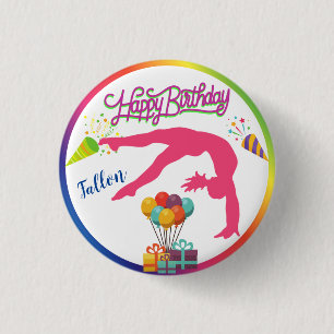 Girls Birthday Gymnastics Handspring Rainbow Trim 1 Inch Round Button