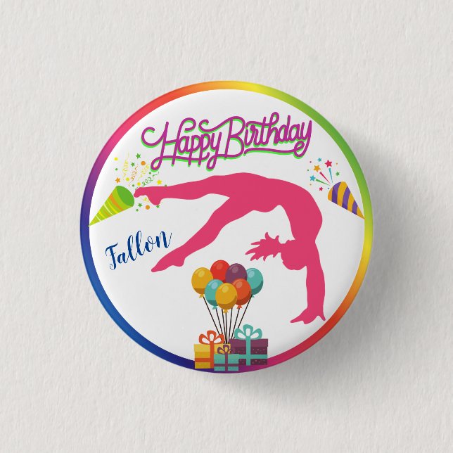 Girls Birthday Gymnastics Handspring Rainbow Trim  1 Inch Round Button (Front)