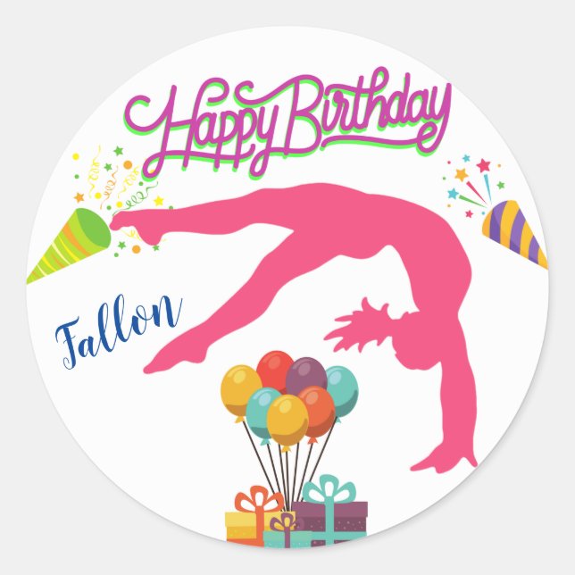 Girls Birthday Gymnastics Handspring Rainbow Trim  Classic Round Sticker (Front)