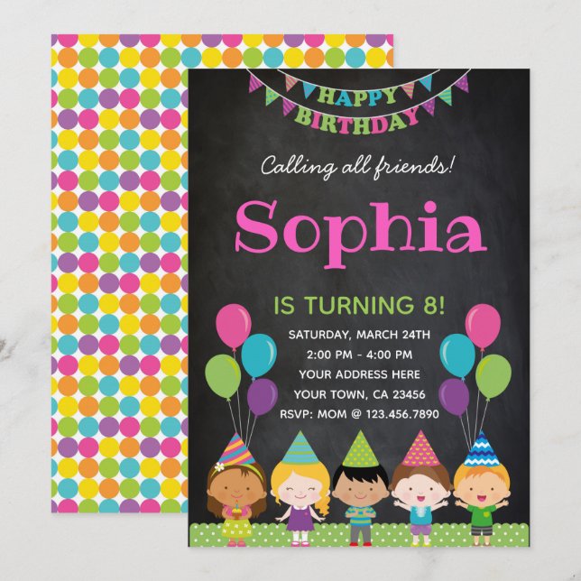 Girls Birthday Invitation Chalkboard (Front/Back)