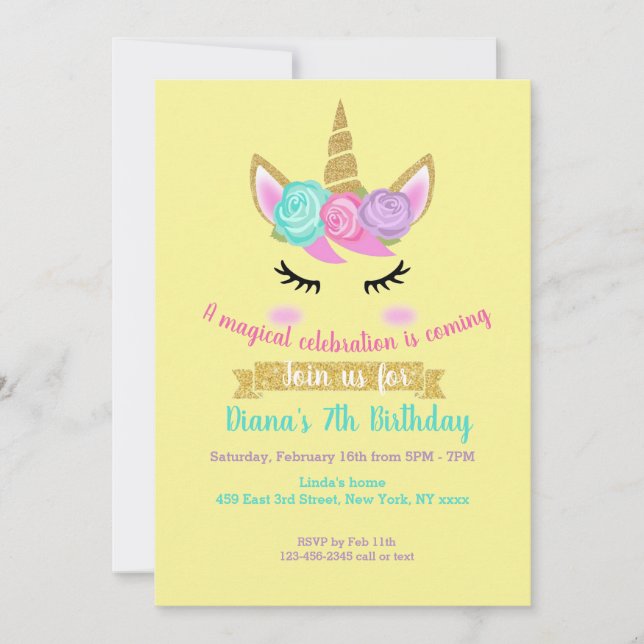 Girl's Birthday Invitation Unicorn Theme  (Front)