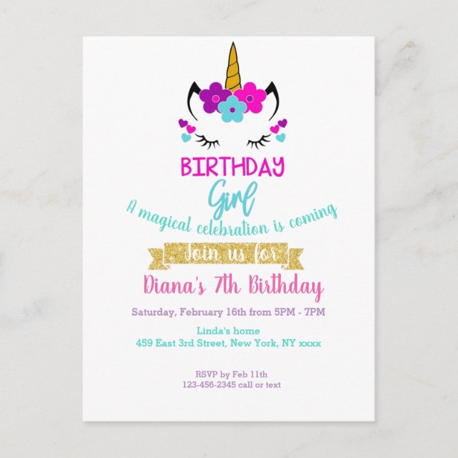 Girl's Birthday Invitation Unicorn Theme  Postcard (Front)