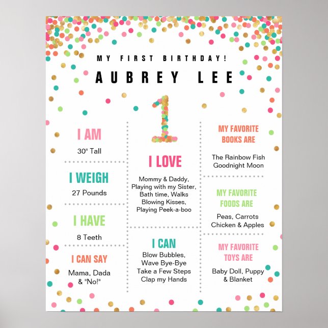 Girls Birthday Mint Teal Pink First Birthday Poster (Front)
