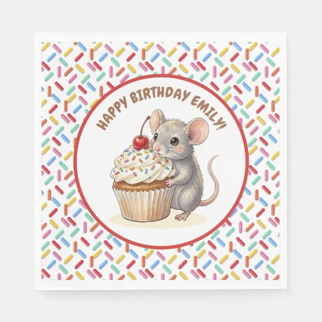 Girl's Birthday Party | Mouse & Cupcake   Napkin (Front)