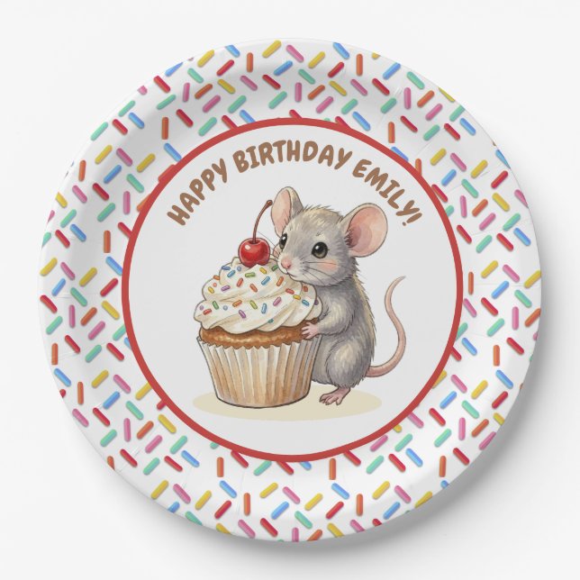 Girl's Birthday Party | Mouse & Cupcake   Paper Plate (Front)