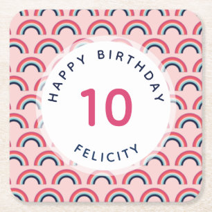 Girls Birthday Party Personalized Name Age Pink Square Paper Coaster