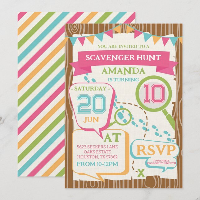 Girls Birthday Party Scavenger Hunt Birthday Party Invitation (Front/Back)