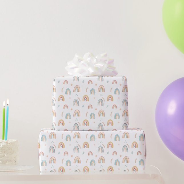 Girls Birthday Pink Watercolor Boho Rainbow Kids Wrapping Paper (Party Gifts)