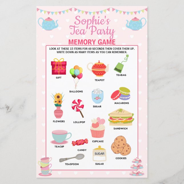 Girls Birthday Tea Party Memory Game (Front)