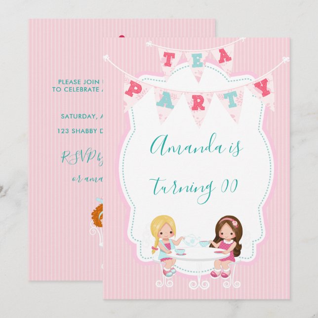 Girl's Birthday Tea Party Shabby-Chic Personalized Invitation (Front/Back)