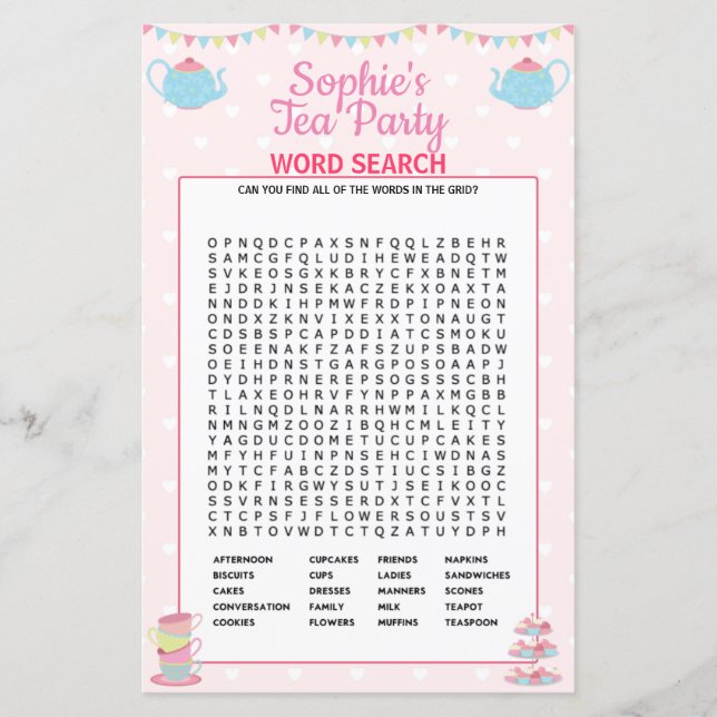 Girls Birthday Tea Party Word Search (Front)