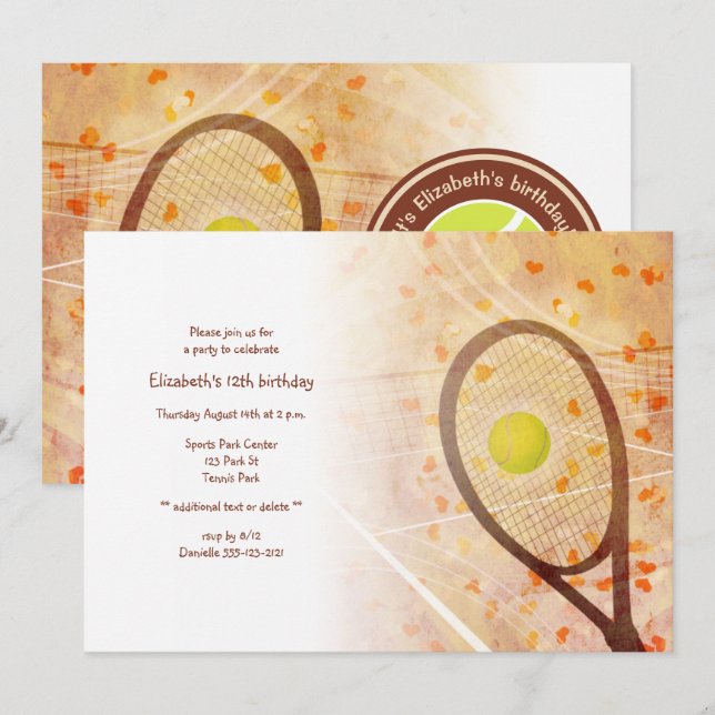 girls birthday tiny hearts tennis party invitation (Front/Back)