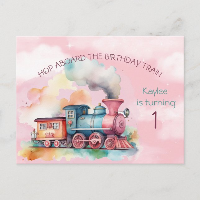 Girls Birthday Train Invitation Postcard (Front)